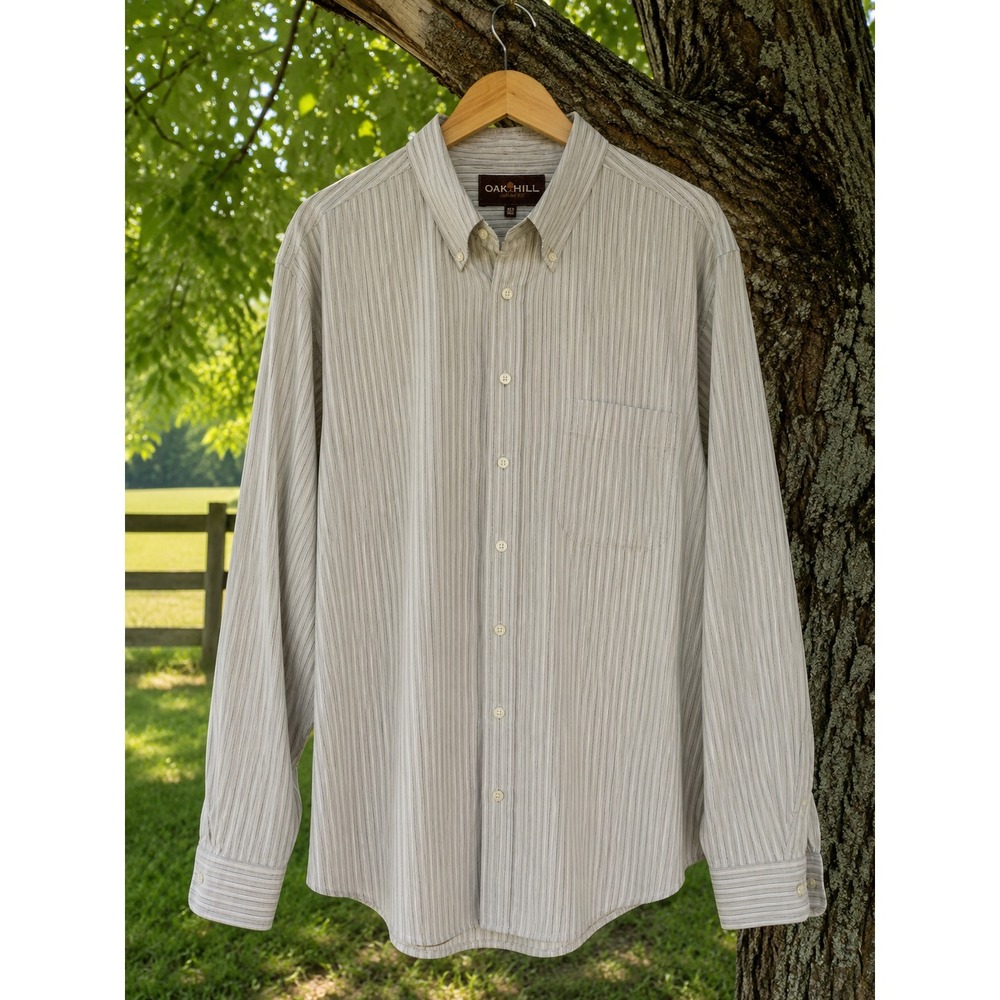 Oak‎ Hill XLT Tall Button Front Shirt Men's XL Tall Beige Striped Long Sleeve